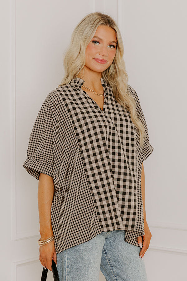 Charming Views Oversized Gingham Top in Warm Taupe
