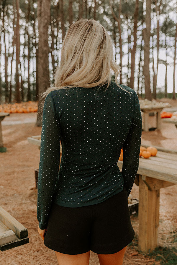 Subtle Shine Embellished Mesh Top in Hunter Green