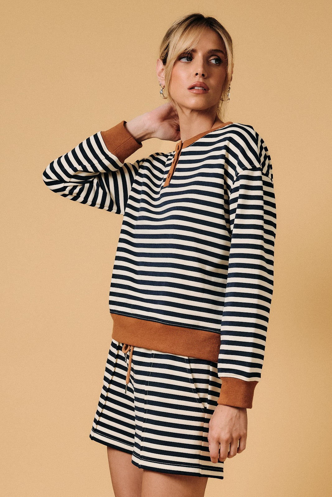 Henley Neck Contrast Detail Stripe Sweatshirt