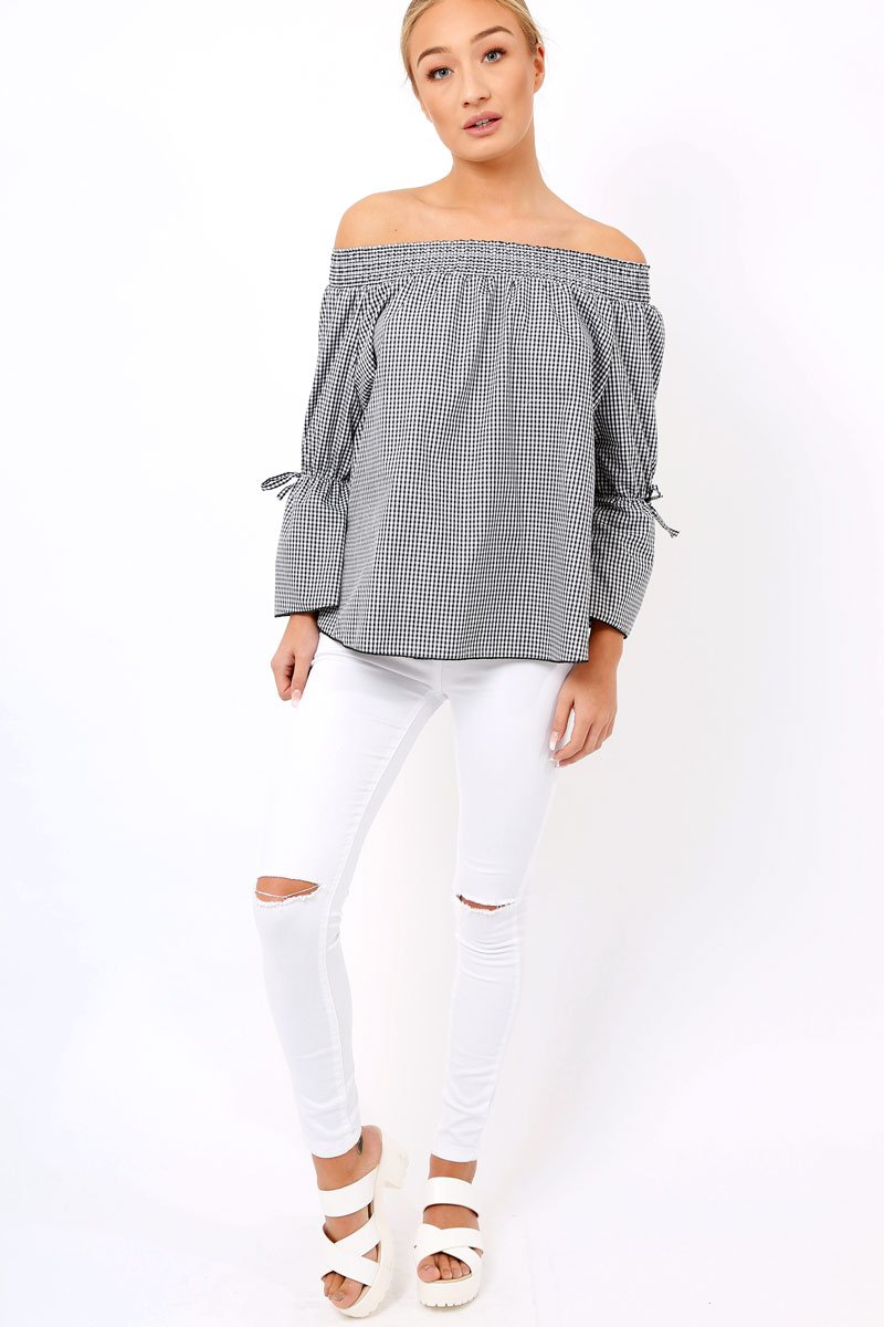 Black Checked Bardot Bell Sleeve Top - Trixie