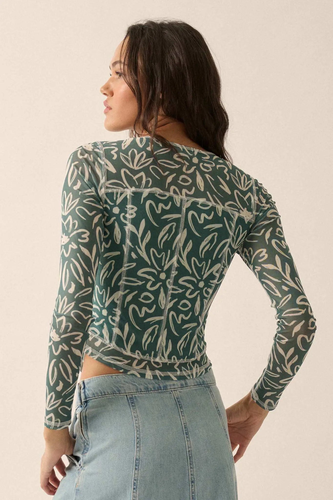 Modern Blossoms Floral-Print Mesh Exposed-Seam Top