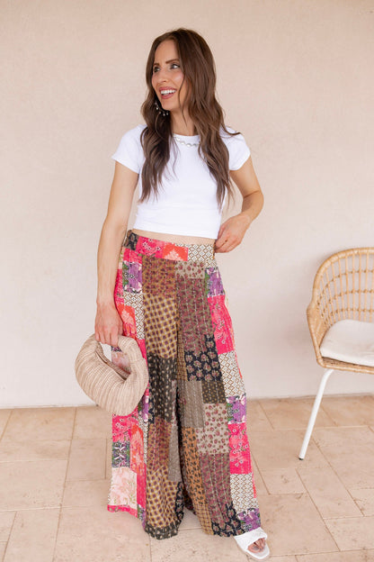 Gypsy Flare Hand Stitch Accents Printed Woven Pants