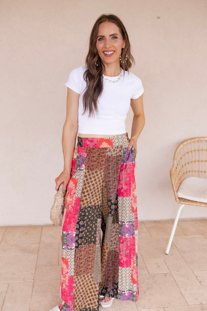 Gypsy Flare Hand Stitch Accents Printed Woven Pants