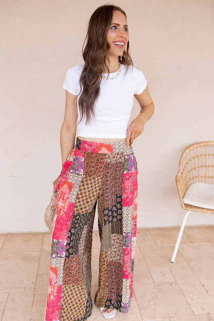 Gypsy Flare Hand Stitch Accents Printed Woven Pants