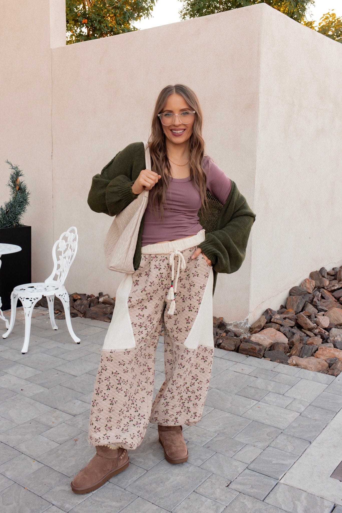 POL Double Gauze Patchwork Quilted Print Knit Pants