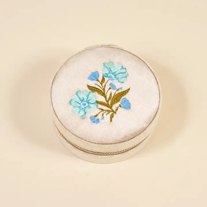 Aqua Petals Round Velvet Jewelry Case
