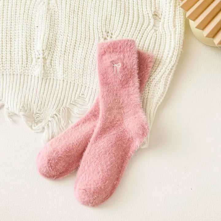 Bow Embroidered Fuzzy Socks