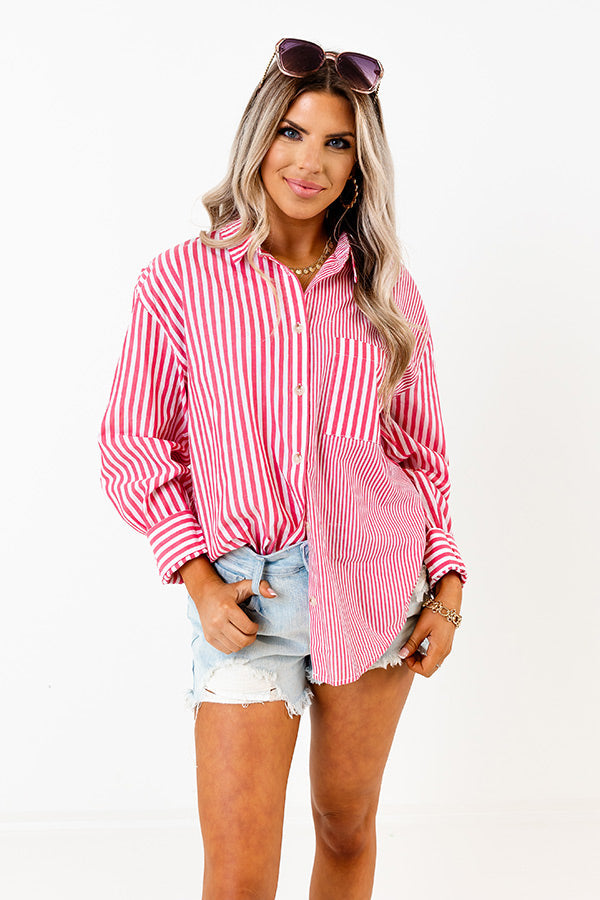 Boating Day Stripe Button Up In Hot Pink