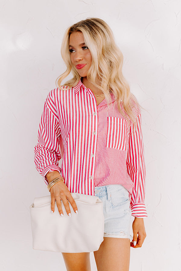 Boating Day Stripe Button Up In Hot Pink