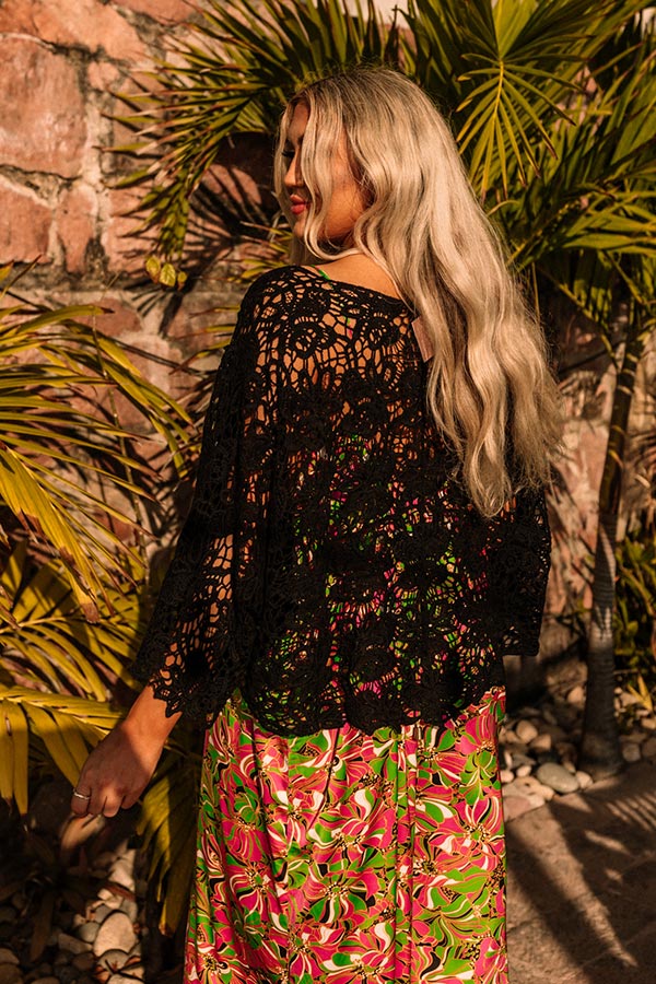 Sail The Day Away Front Tie Crochet Top in Black