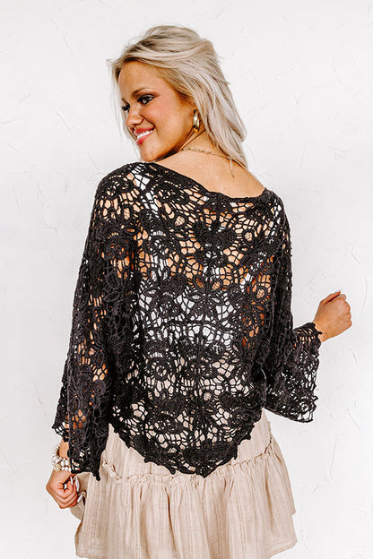Sail The Day Away Front Tie Crochet Top in Black