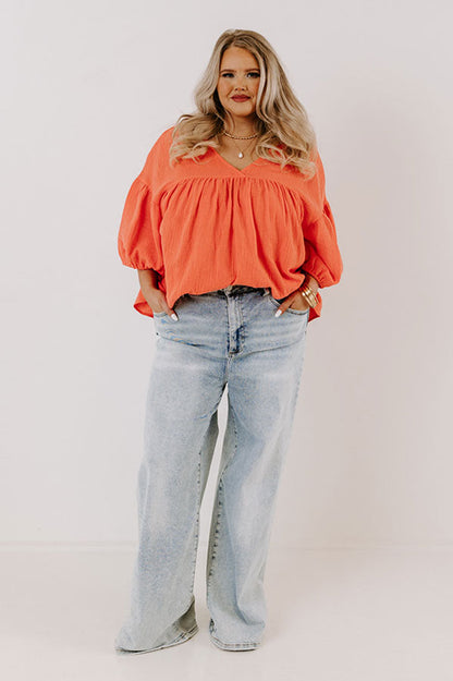 Pause And Reflect Babydoll Top In Bright Coral Curves