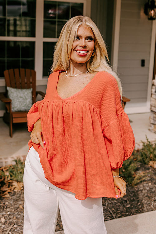 Pause And Reflect Babydoll Top In Bright Coral Curves