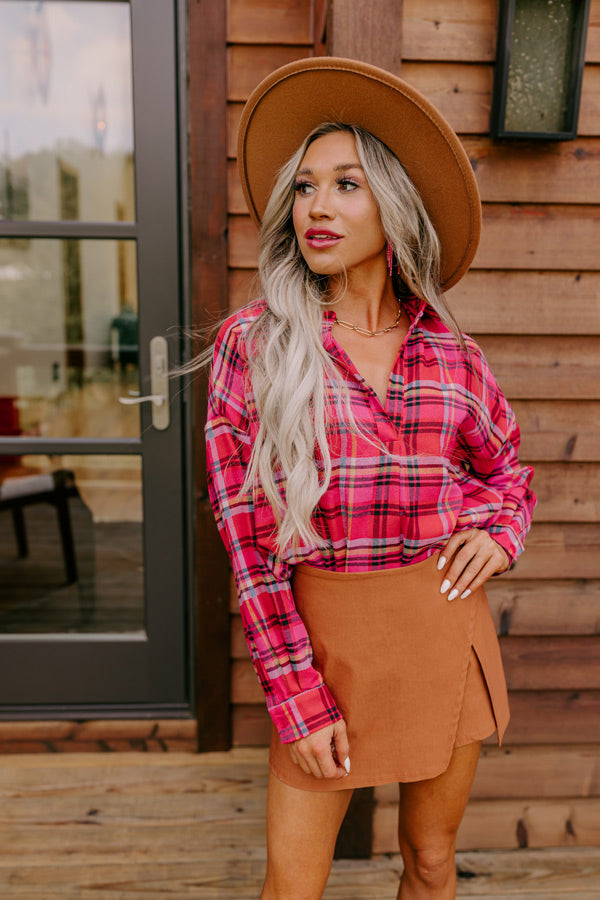Catching Feelings Plaid Top In Pink
