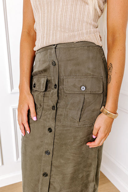 The Freda High Waist Cargo Midi Skirt in Olive