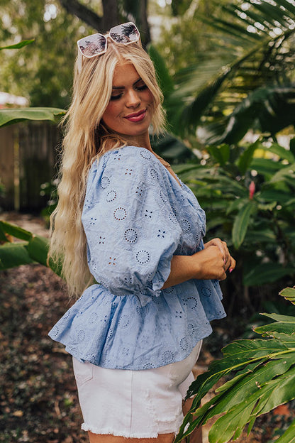 The Next Chapter Eyelet Top In Sky Blue Curves