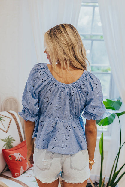 The Next Chapter Eyelet Top In Sky Blue