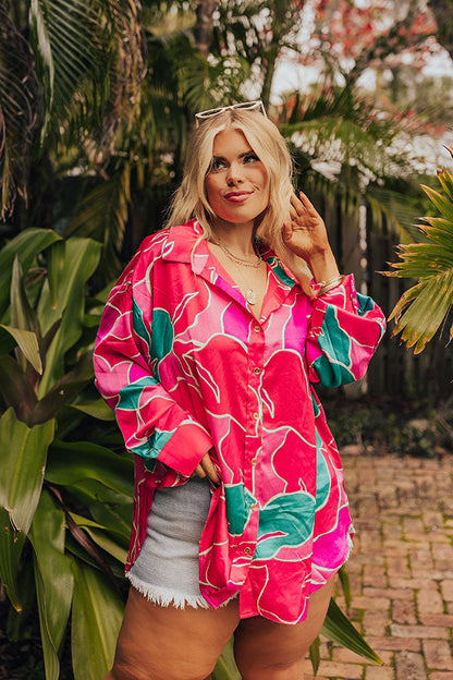 The Next Chapter Satin Button Up in Hot Pink Curves