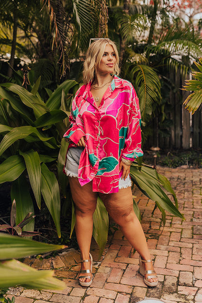 The Next Chapter Satin Button Up in Hot Pink Curves