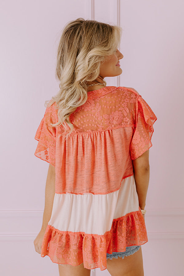 Springtime Sips Lace Babydoll Top In Coral