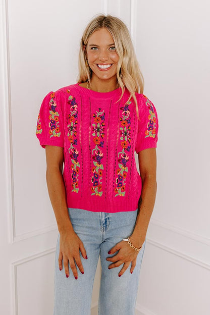 Wildflower Fields Embroidered Sweater Top in Pink