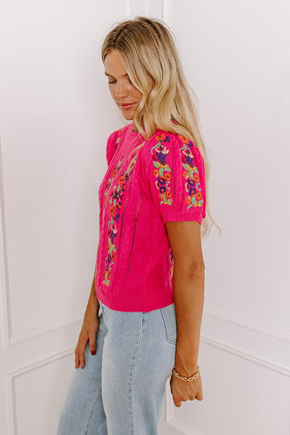 Wildflower Fields Embroidered Sweater Top in Pink