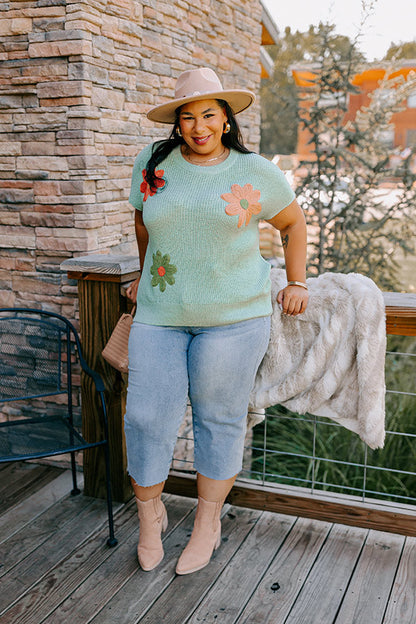 Boho Blooms Knit Top in Sage Curves