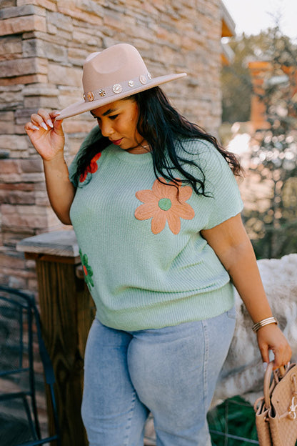 Boho Blooms Knit Top in Sage Curves