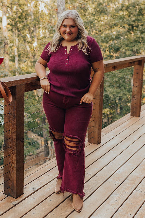 Cafe Hangout Ribbed Henley Top in Merlot Curves