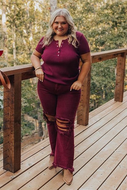 Cafe Hangout Ribbed Henley Top in Merlot Curves