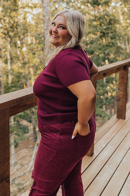 Cafe Hangout Ribbed Henley Top in Merlot Curves