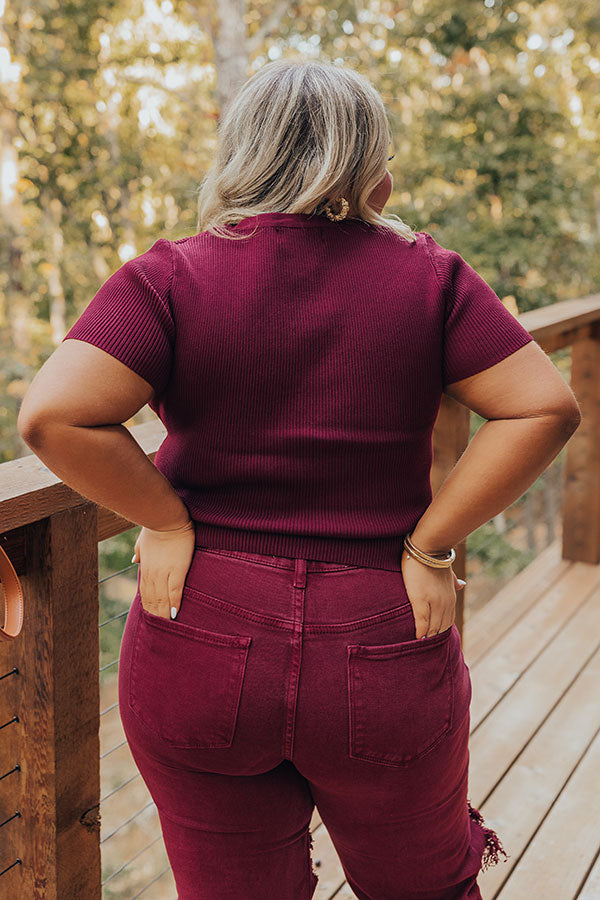 Cafe Hangout Ribbed Henley Top in Merlot Curves