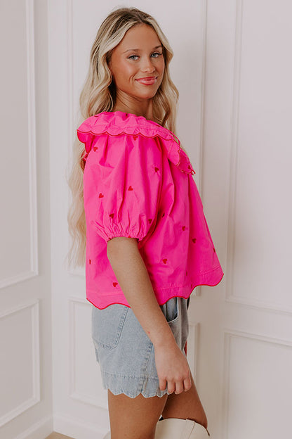 Candy Hearts Embroidered Top in Hot Pink