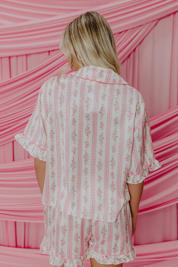 Cozy Tea Time Floral Satin Pajama Top in Pink