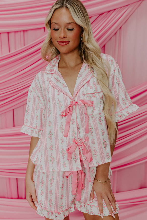 Cozy Tea Time Floral Satin Pajama Top in Pink