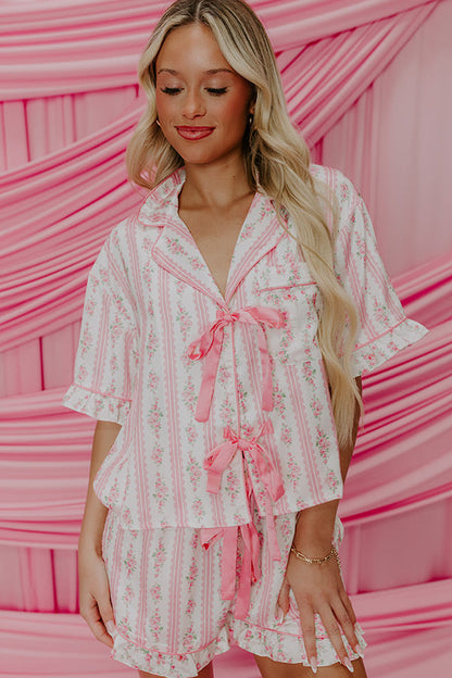 Cozy Tea Time Floral Satin Pajama Top in Pink