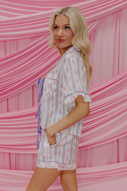 Cozy Tea Time Floral Satin Pajama Top in Lavender