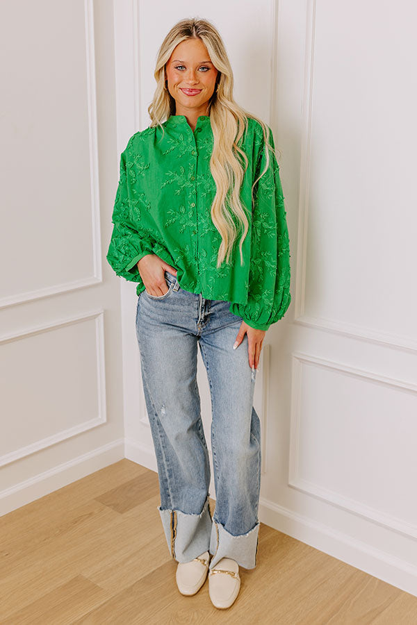 Lost In Love Embroidered Button Up in Kelly Green