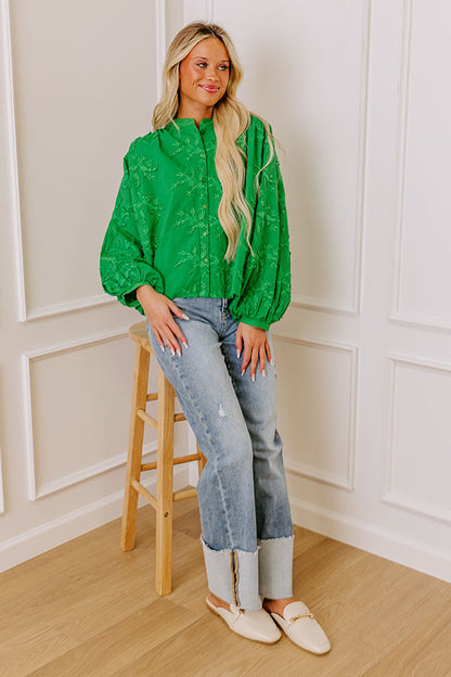 Lost In Love Embroidered Button Up in Kelly Green