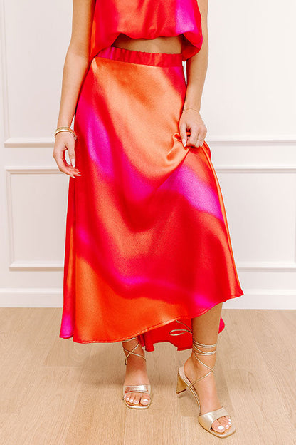 Moonlit Lagoon High Waist Satin Midi Skirt in Red