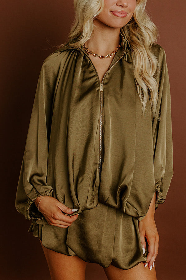 Rooftop Cocktails Satin Zip Up Top in Martini Olive