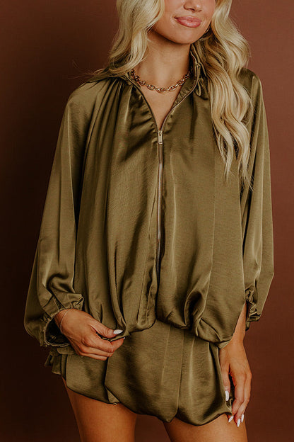 Rooftop Cocktails Satin Zip Up Top in Martini Olive