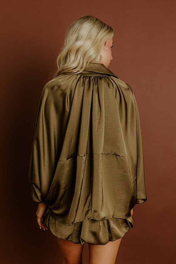 Rooftop Cocktails Satin Zip Up Top in Martini Olive