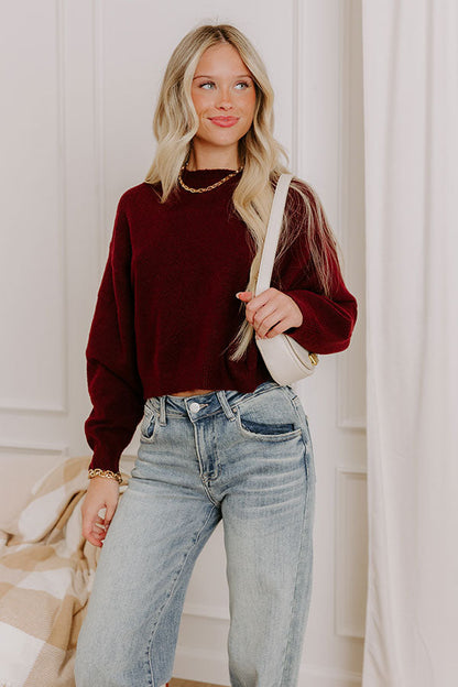 Comfy Chic Knit Crop Sweater Top in Maroon