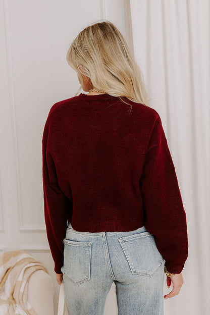 Comfy Chic Knit Crop Sweater Top in Maroon