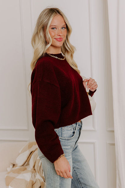 Comfy Chic Knit Crop Sweater Top in Maroon