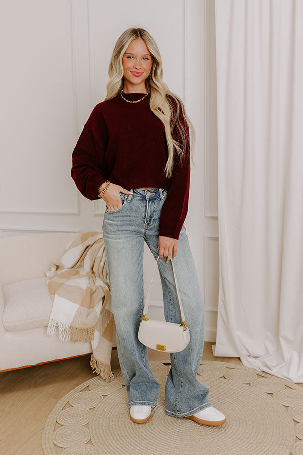 Comfy Chic Knit Crop Sweater Top in Maroon