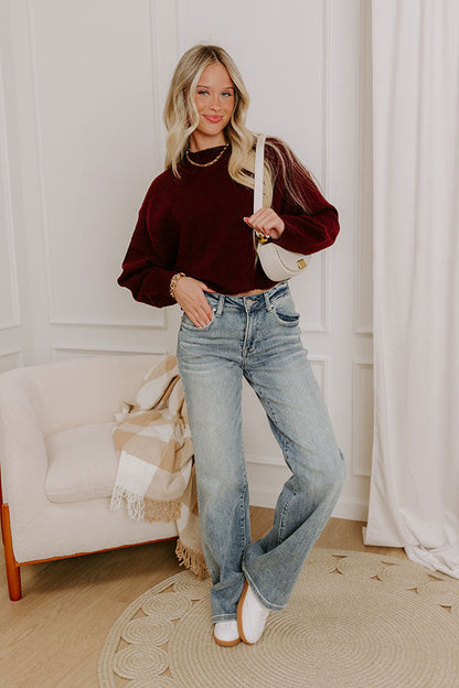 Comfy Chic Knit Crop Sweater Top in Maroon