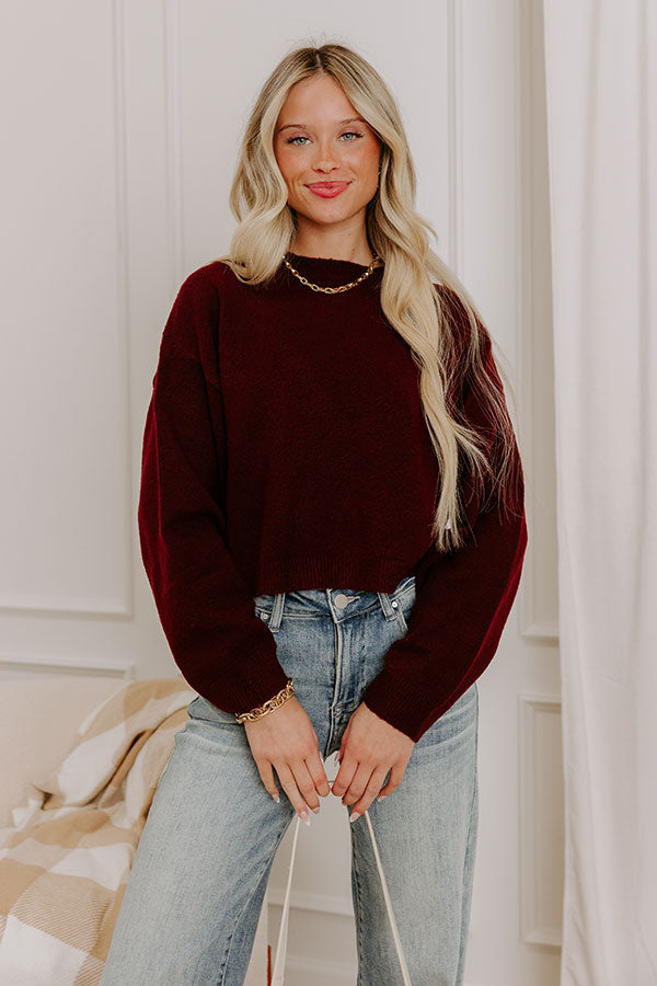 Comfy Chic Knit Crop Sweater Top in Maroon