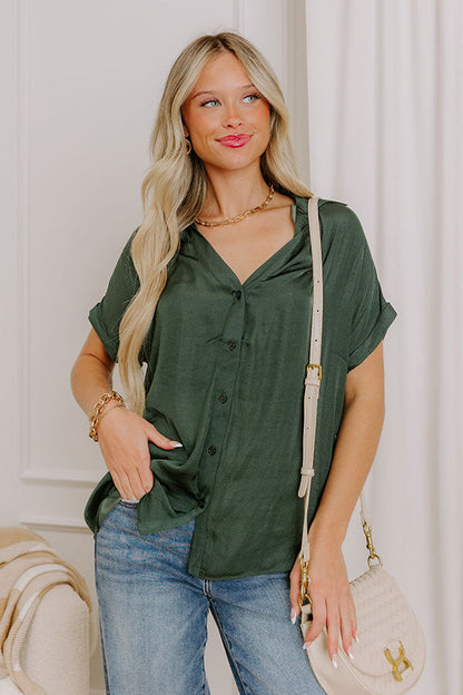 Mimosa Please Satin Button Up Top in Deep Forest